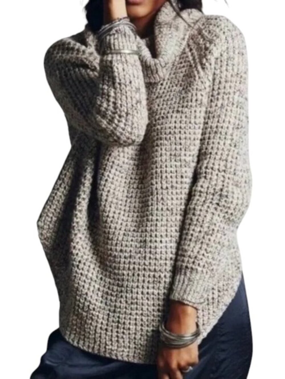 Free People Oatmeal Dylan Tweedy Cowl Oversized Chunky Wool Blend Knit Sweater